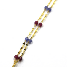 Load image into Gallery viewer, 18k yellow gold oval lariat necklace with 3mm faceted red ruby blue tanzanite
