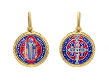 Load image into Gallery viewer, 18k yellow gold enamel round pendant, diameter 15mm, Saint Benedict medal
