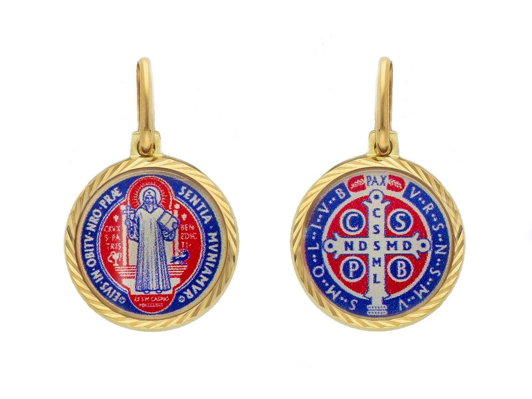 18k yellow gold enamel round pendant, diameter 15mm, Saint Benedict medal