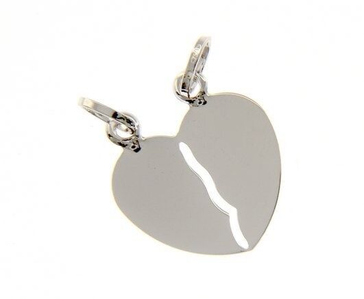 18K WHITE GOLD DOUBLE BROKEN HEART PENDANT CHARM ENGRAVABLE 27 mm MADE IN ITALY