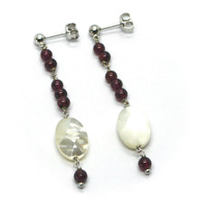Load image into Gallery viewer, 18K WHITE GOLD LONG EARRINGS, OVAL MOTHER OF PEARL, GARNET,  5.7cm 2.25&quot;

