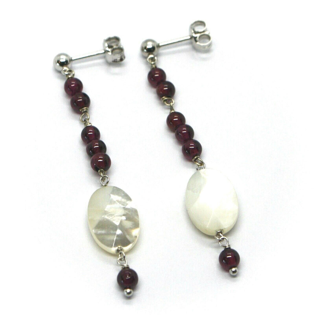 18K WHITE GOLD LONG EARRINGS, OVAL MOTHER OF PEARL, GARNET,  5.7cm 2.25
