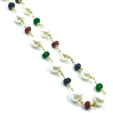 Load image into Gallery viewer, 18K YELLOW GOLD 18&quot; NECKLACE ALTERNATE 4mm SAPPHIRE EMERALD RUBY &amp; 6.5mm PEALS
