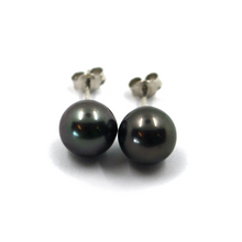 Load image into Gallery viewer, 18k white gold stud earrings with black big Tahitian pearls, diameter 9mm
