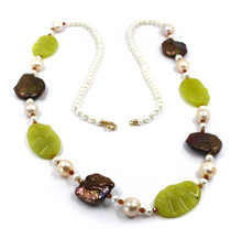 Load image into Gallery viewer, 18k white gold 32&quot; long necklace fw pearls, oval jasper, brown flat 20mm pearls
