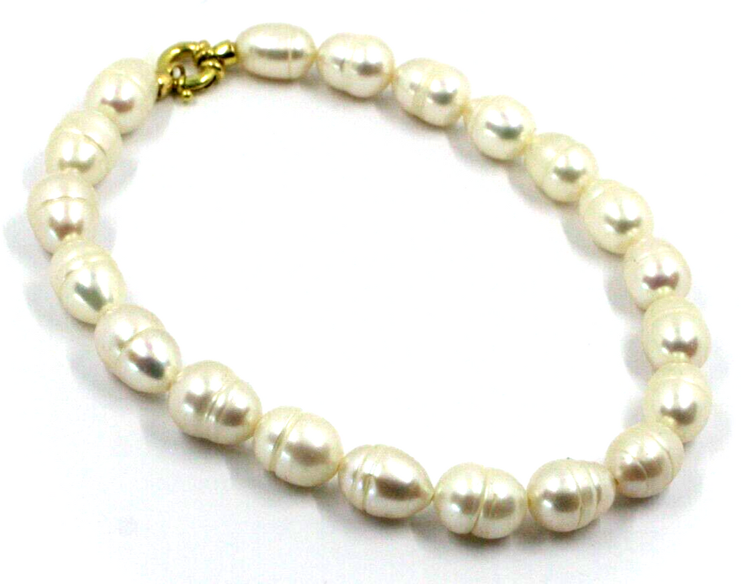 Pulsera de oro amarillo de 18 quilates de 19,9 cm con perlas blancas barrocas de agua dulce de 8 x 10 mm en forma de gota ovalada.