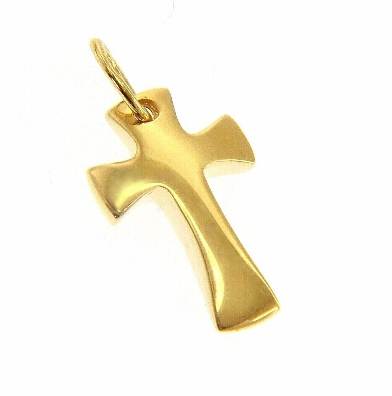 SOLID 18K YELLOW GOLD SMALL CROSS, ROUNDED 18mm, SMOOTH, CURVED, MADE