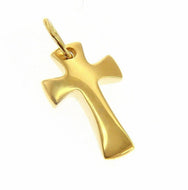 SOLID 18K YELLOW GOLD SMALL CROSS, ROUNDED 18mm, SMOOTH, CURVED, MADE IN ITALY