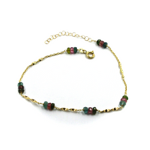 Load image into Gallery viewer, 18k yellow gold spiral anklet 9.8&quot; 25cm faceted green and purple 4mm tourmaline
