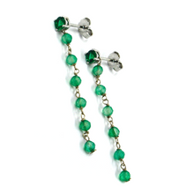 Load image into Gallery viewer, 18k white gold 4.2cm long earrings with 3mm chalcedony and 4mm green zirconia
