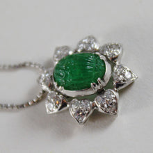 Load image into Gallery viewer, 18K WHITE GOLD FLOWER SUN DIAMONDS CARVED EMERALD NECKLACE ART DECO
