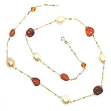 Load image into Gallery viewer, 18K YELLOW GOLD NECKLACE 24&quot;, HEARTS, ALTERNATE AMBER &amp; ROSE DROP PEARLS
