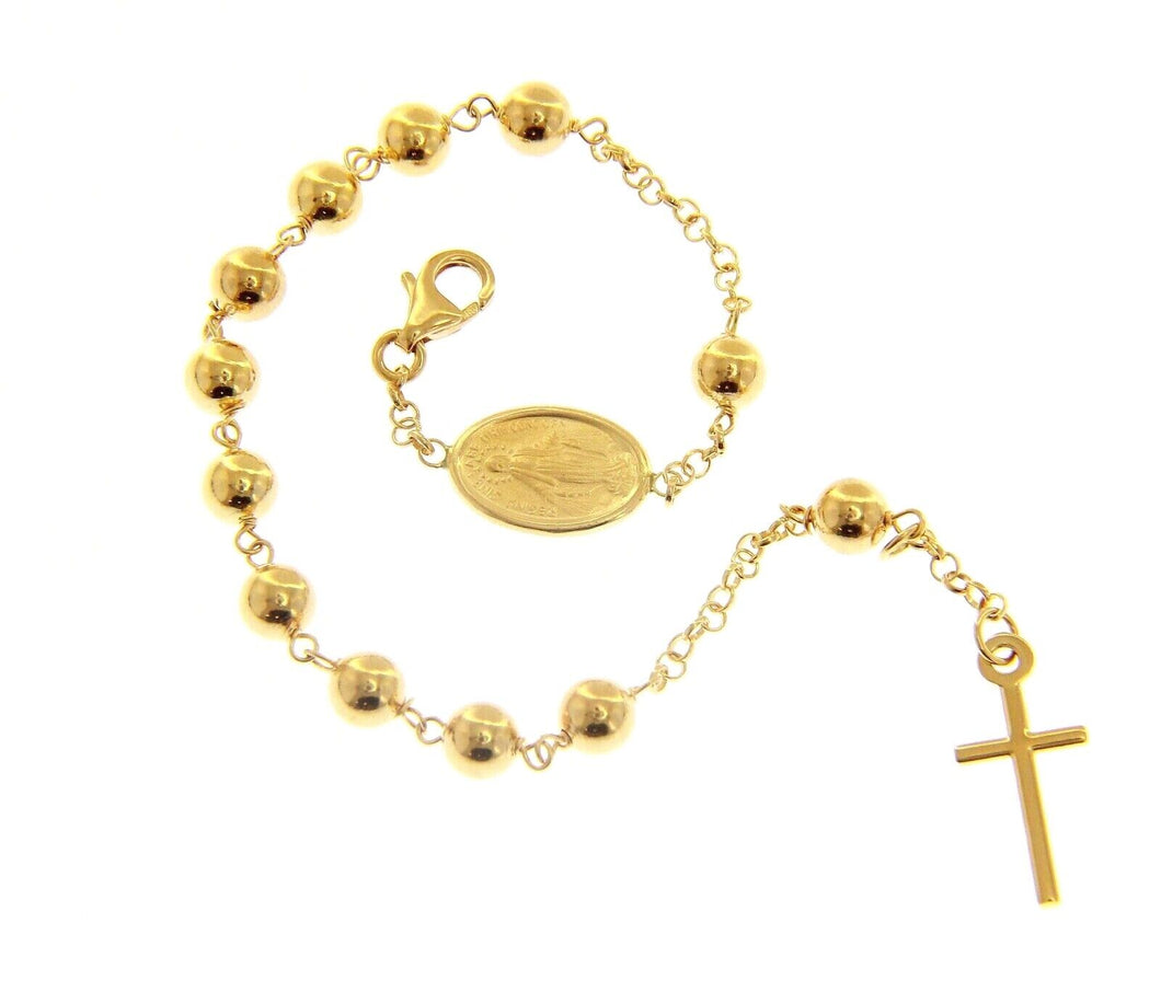 18K YELLOW GOLD  ROSARY BRACELET, 5 MM SPHERES, CROSS & MIRACULOUS MEDAL