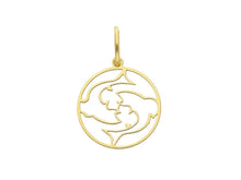 Load image into Gallery viewer, 18k yellow gold zodiac sign round small 15mm flat pendant, zodiacal, pisces
