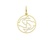 18k yellow gold zodiac sign round small 15mm flat pendant, zodiacal, pisces