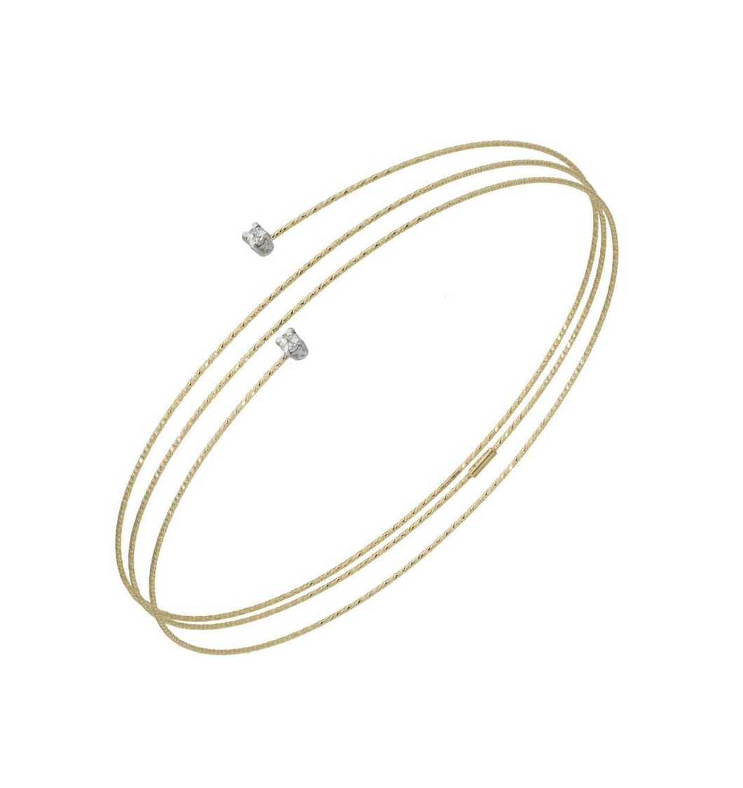 18K YELLOW GOLD BANGLE RIGID BRACELET, ELASTIC WORKED MULTI WIRES & WHITE TOPAZ