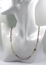 Load image into Gallery viewer, 18k yellow gold Rosary 22&quot; necklace, 3mm faceted red ruby Cross Miraculous medal
