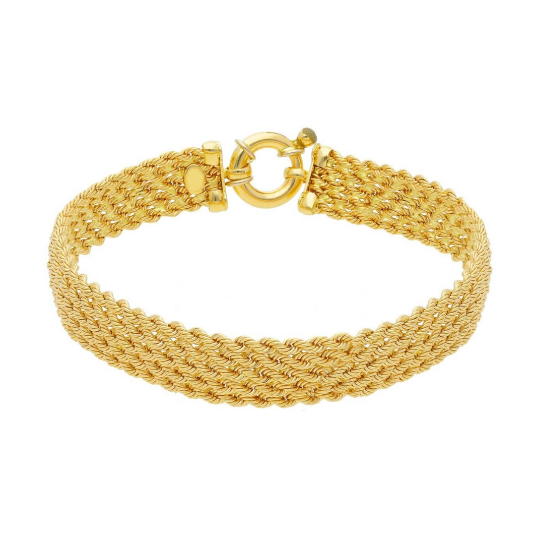 18k yellow gold multi-strand 5 ropes wires braided bracelet 9 mm wide, 7.5