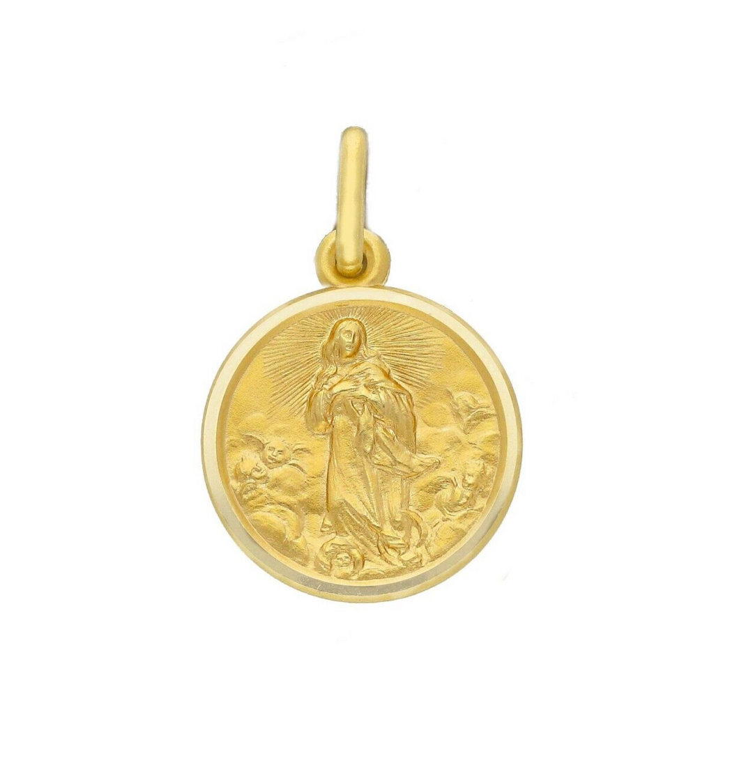 Colgante de medalla maciza redonda de 15 mm de la Santísima Virgen María Inmaculada en oro amarillo de 18 quilates
