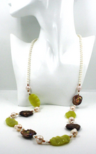 Load image into Gallery viewer, 18k white gold 32&quot; long necklace fw pearls, oval jasper, brown flat 20mm pearls
