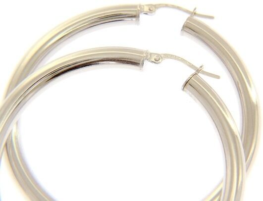 18K WHITE GOLD ROUND CIRCLE HOOP EARRINGS DIAMETER 40 MM x 4 MM, MADE IN ITALY