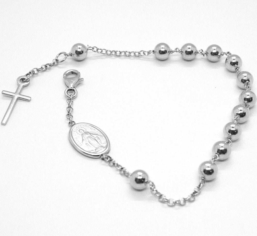 18K WHITE GOLD ROSARY BRACELET, 5 MM SPHERES, CROSS & MIRACULOUS MEDAL