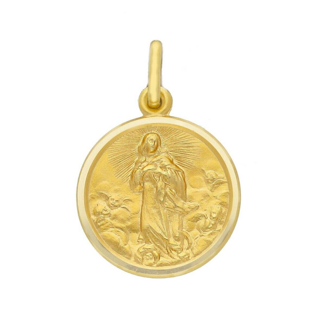 Colgante de medalla maciza redonda de 17 mm de la Santísima Virgen María Inmaculada en oro amarillo de 18 quilates