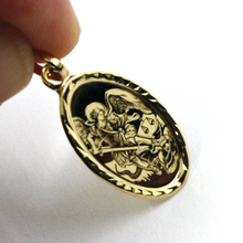 Load image into Gallery viewer, 18k yellow gold Saint Michael Archangel 22mm oval medal, pendant worked frame
