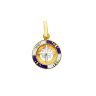 solid 18k yellow white gold, white blue enamel round pendant 14mm, compass medal