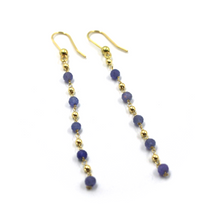 Load image into Gallery viewer, 18k yellow gold 6.5cm 2.5&quot; long earrings natural 3mm tanzanite, 1.5mm spheres
