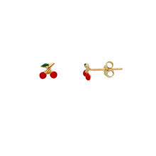 Load image into Gallery viewer, 18k yellow gold stud kids earrings, small enamel 5mm red cherry
