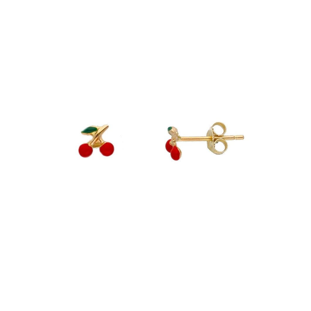 18k yellow gold stud kids earrings, small enamel 5mm red cherry