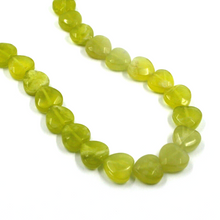 Load image into Gallery viewer, 18k yellow gold necklace 16&quot; with 10mm green/yellow jasper faceted hearts
