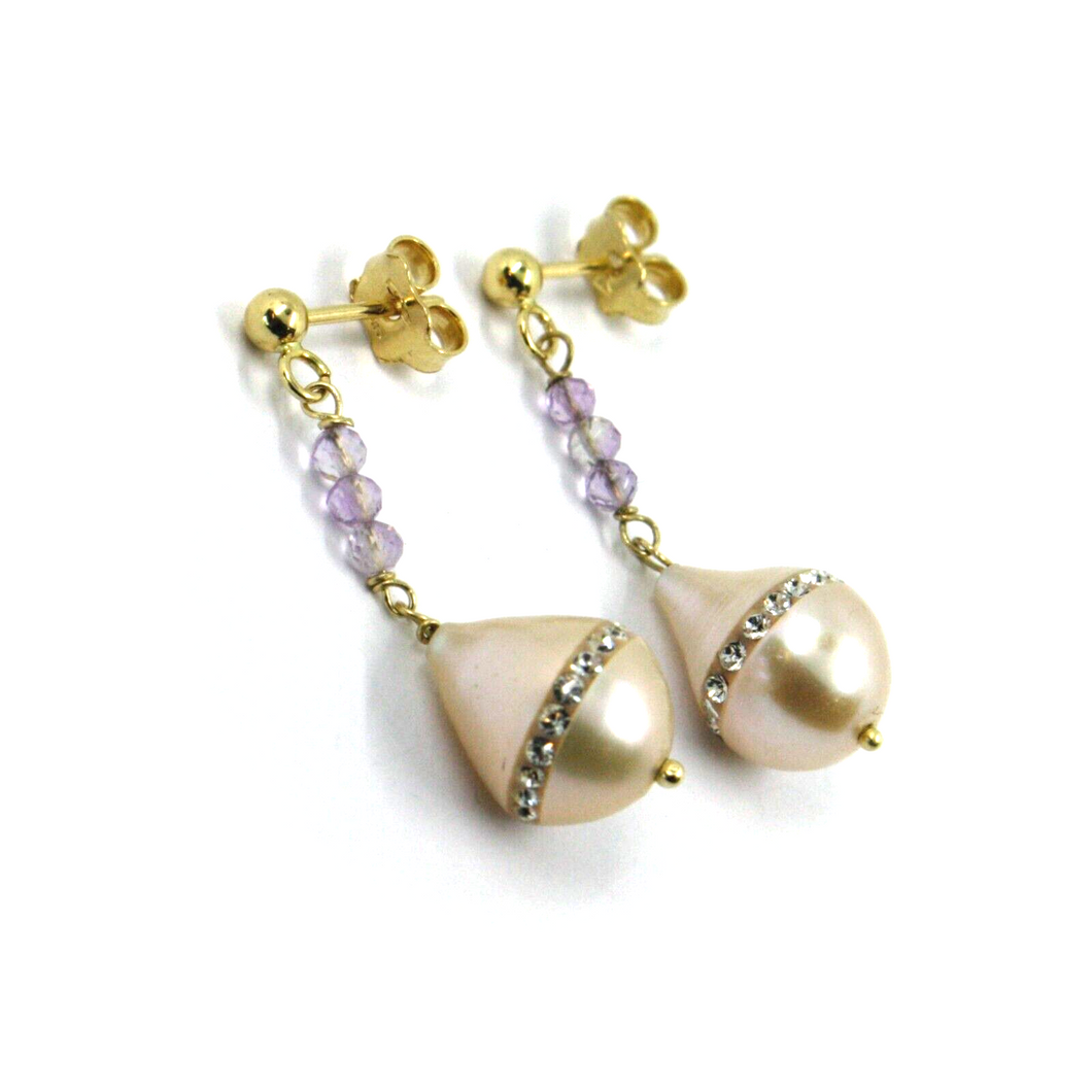 Pendientes de oro amarillo de 18k de 3,3cm de largo, amatista, perlas rosas colgantes con circonitas 
