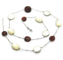 Load image into Gallery viewer, 18K WHITE GOLD NECKLACE, ALTERNATE AMBER, PEARL DISC AND OVAL MOTHER OF PEARL
