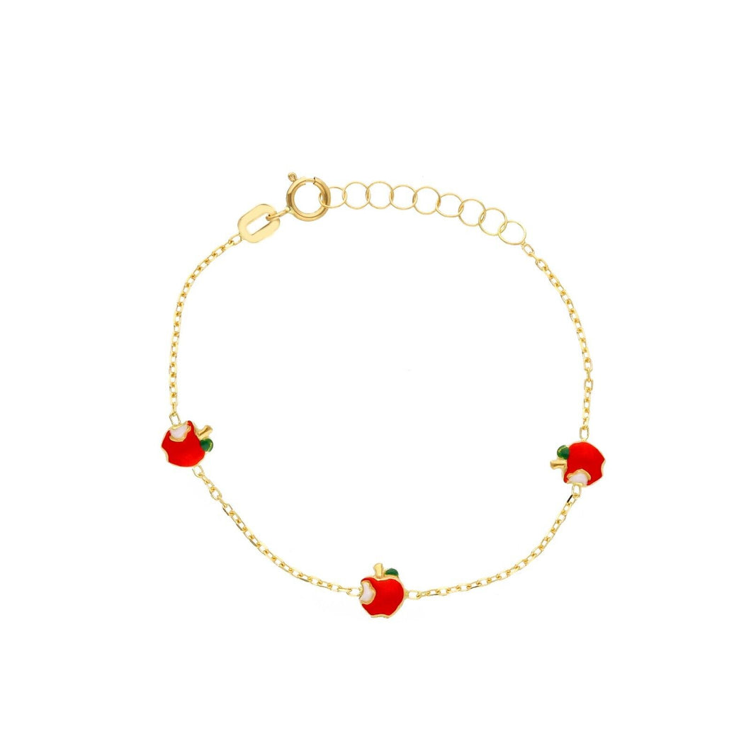Bracelet rolo pour fille en or jaune 18 carats, émail rouge, pommes de 5 mm, 14-16 cm 