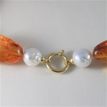 Load image into Gallery viewer, SOLID 18K YELLOW GOLD NECKLACE WITH DROP PEARLS AND BALTIC AMBER MADE IN ITALY
