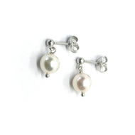 SOLID 18K WHITE GOLD LONG EARRINGS, SALTWATER AKOYA PEARLS DIAMETER 7.5/8 MM