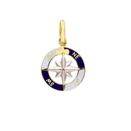 18k yellow white gold, white blue enamel round pendant 15mm compass medal