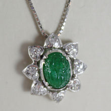 Load image into Gallery viewer, 18K WHITE GOLD FLOWER SUN DIAMONDS CARVED EMERALD NECKLACE ART DECO
