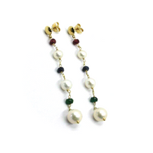 Load image into Gallery viewer, 18K YELLOW GOLD LONG EARRINGS FW WHITE PEARLS, RUBY, SAPPHIRE, EMERALD
