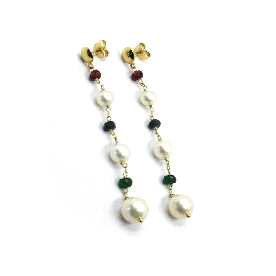 18K YELLOW GOLD LONG EARRINGS FW WHITE PEARLS, RUBY, SAPPHIRE, EMERALD