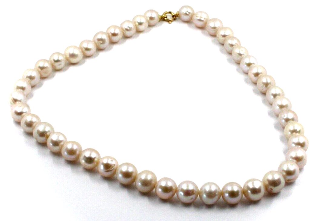 Collar de oro amarillo de 18 quilates de 40,6 cm con perlas barrocas de agua dulce redondas de color rosa de 9,5/10 mm.