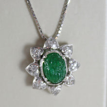 Load image into Gallery viewer, 18K WHITE GOLD FLOWER SUN DIAMONDS CARVED EMERALD NECKLACE ART DECO
