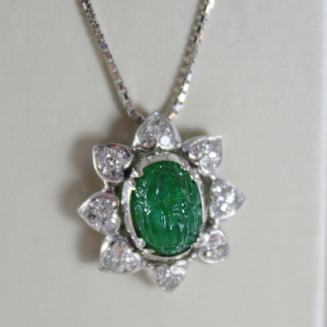 18K WHITE GOLD FLOWER SUN DIAMONDS CARVED EMERALD NECKLACE ART DECO