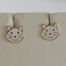 Load image into Gallery viewer, 18K YELLOW GOLD CHILD CAT EARRINGS GLAZED CATS, FLAT, MADE IN ITALY
