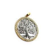 18k yellow white gold tree of life round pendant diameter 25mm, zirconia frame