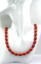 Load image into Gallery viewer, 18k yellow gold necklace 16&quot; with red/salmon recontructed coral 15mm oval beads
