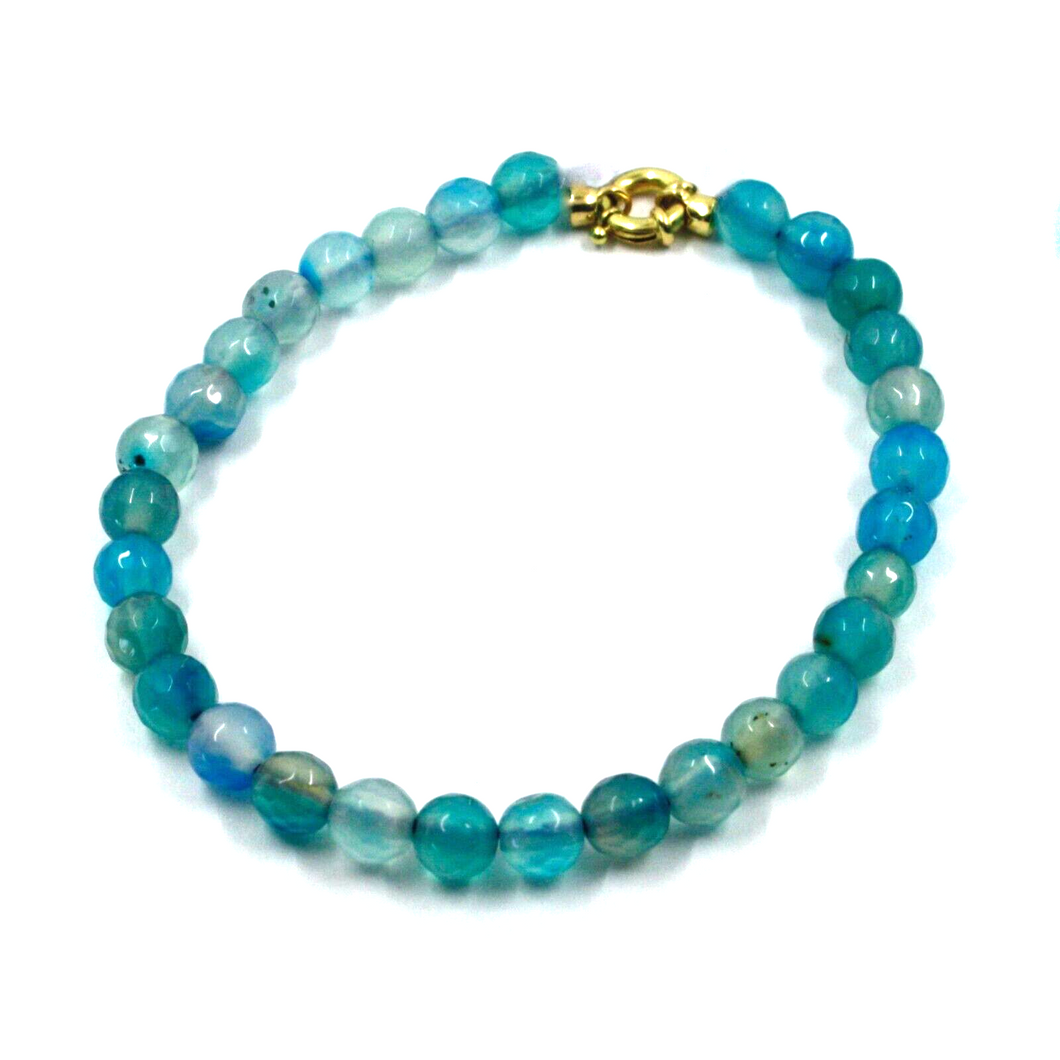Pulsera de oro amarillo de 18 quilates de 18,1 cm con esferas de jade azul facetadas de 6 mm.