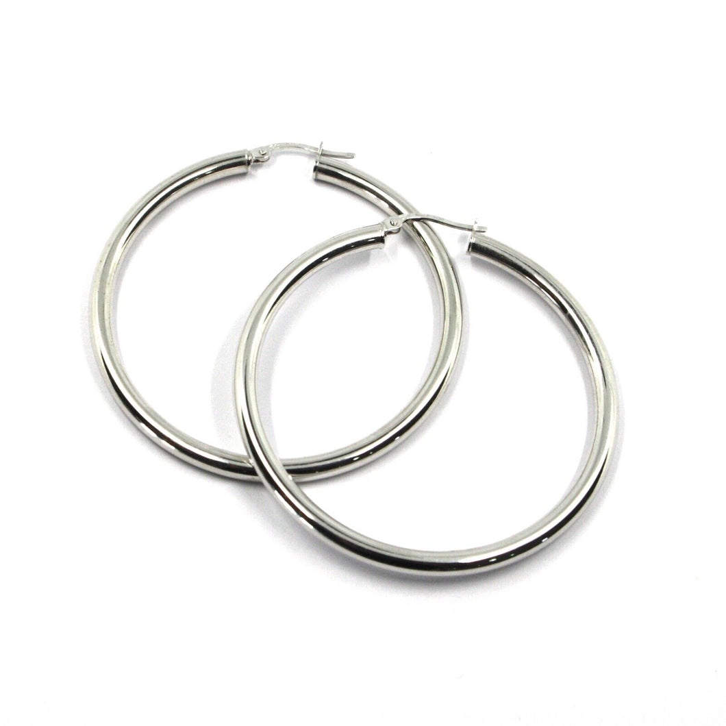 18K WHITE GOLD ROUND CIRCLE EARRINGS DIAMETER 30 MM, WIDTH 3 MM, MADE IN ITALY